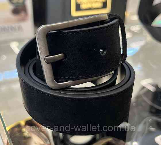 Широкий мужской ремень из итальянской кожи замша черного цвета 40 мм PS Leather Киев