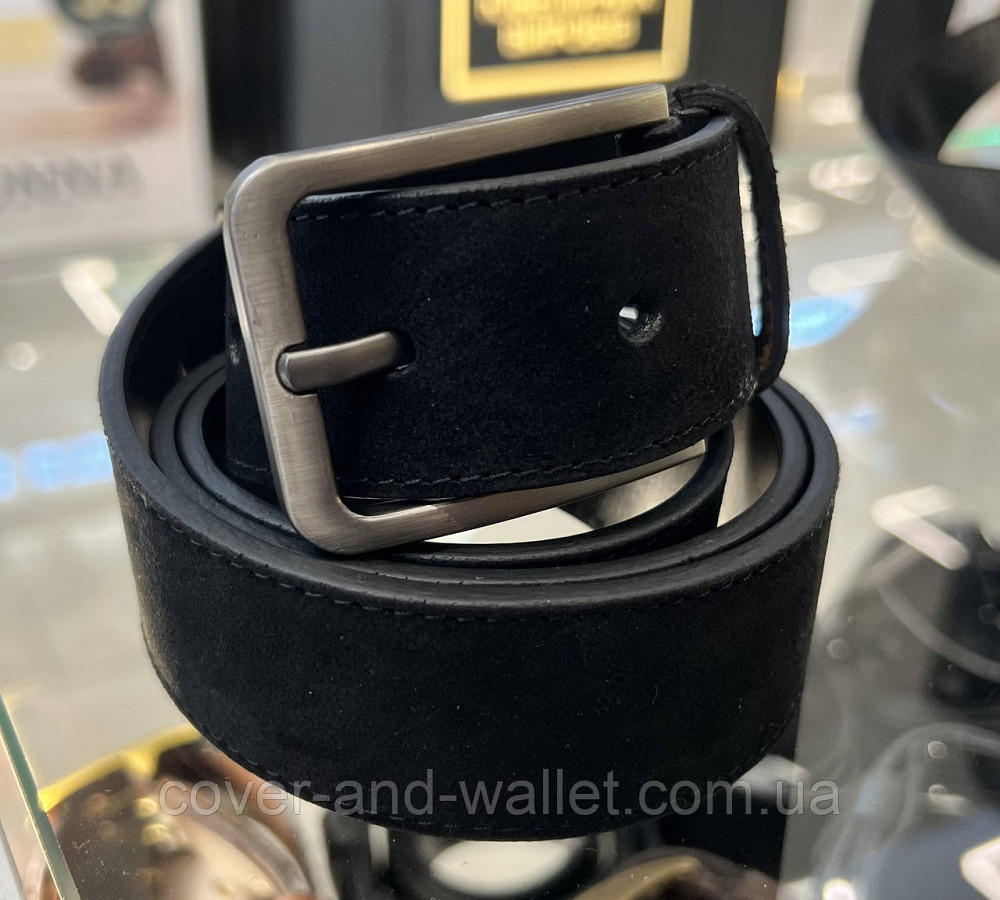 Широкий мужской ремень из итальянской кожи замша черного цвета 40 мм PS Leather Киев - изображение 4