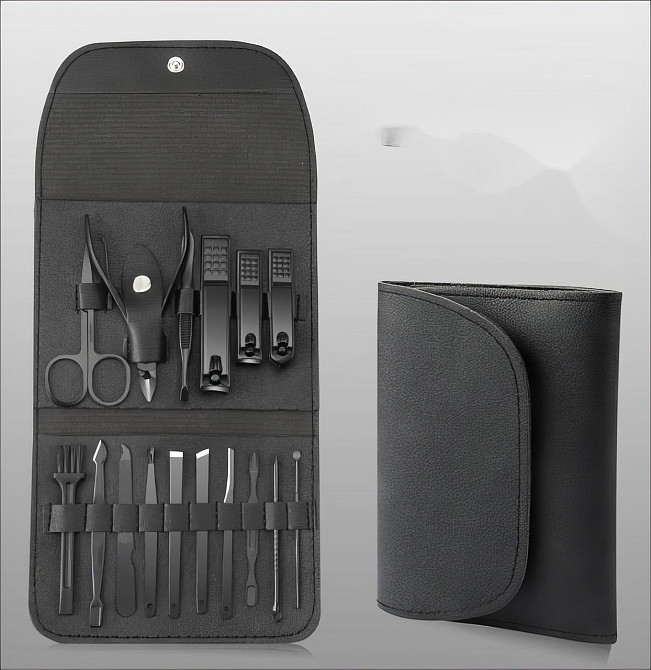 Набор для маникюра педикюра в кейсе ножницы, пилочка,пинцет, в наборе 16 шт черный Каменец-Подольский - изображение 1