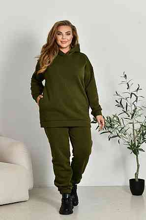 Женский прогулочный костюм: худи и штаны батал в спортивном стиле трехнитка на флисе Хаки, 52/54 Одесса