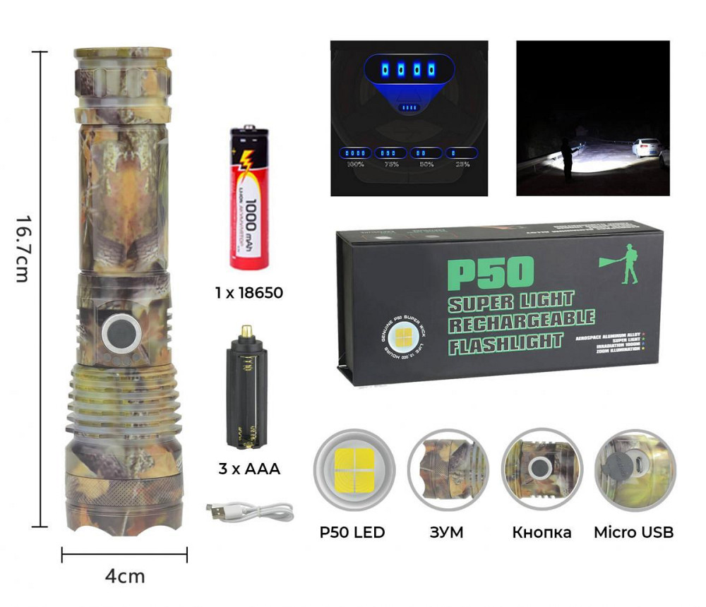 Ручний ліхтар Police WD263, P50 LED, зум, microusb, камуфляж Дніпро - фото 1