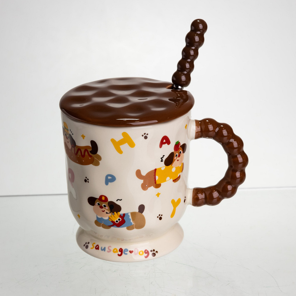 Новорічна порцелянова чашка "Весела Такса" з кришкою та ложкою 400 мл, Святкова кружка чашка для дітей на подарунок FM-17B Коломия - фото 2