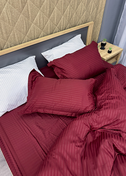 Комплект постельного белья Страйп-сатин Евро 200х230 с простыней на резинке Бордовый (88-117) Киев - изображение 8
