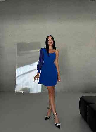 Жіноча святкова міні сукня на одне плече костюмка із шифоновим рукавом Електрик, 44 Одеса