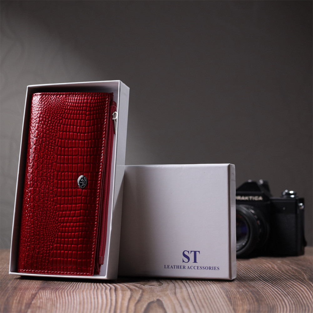 Лакированный яркий кошелек с фактурой под рептилию из натуральной кожи Красный (ST Leather) Киев - изображение 4
