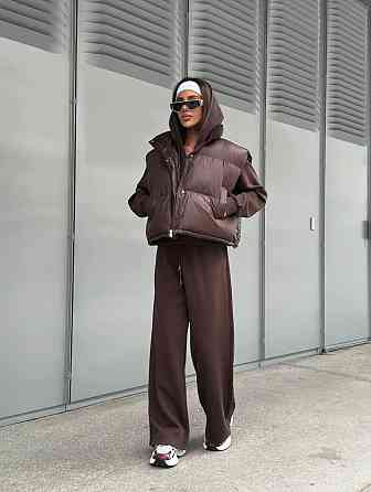 Жіночий стильний теплий костюм-трійка з турецької двонитки + плащівка емі Шоколад, 46 Одеса