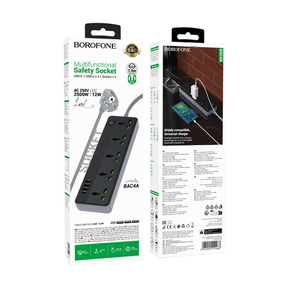 Мережевий подовжувач BOROFONE BAC4A Lord 5 position socket(1C3A)(EU) Black Київ