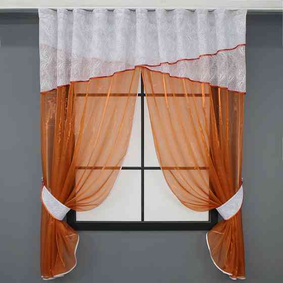 Кухонные шторы VR-Textil № 091к с ламбрекеном и подвязками терракотовый с белым 270х170 см (52-0802) Киев