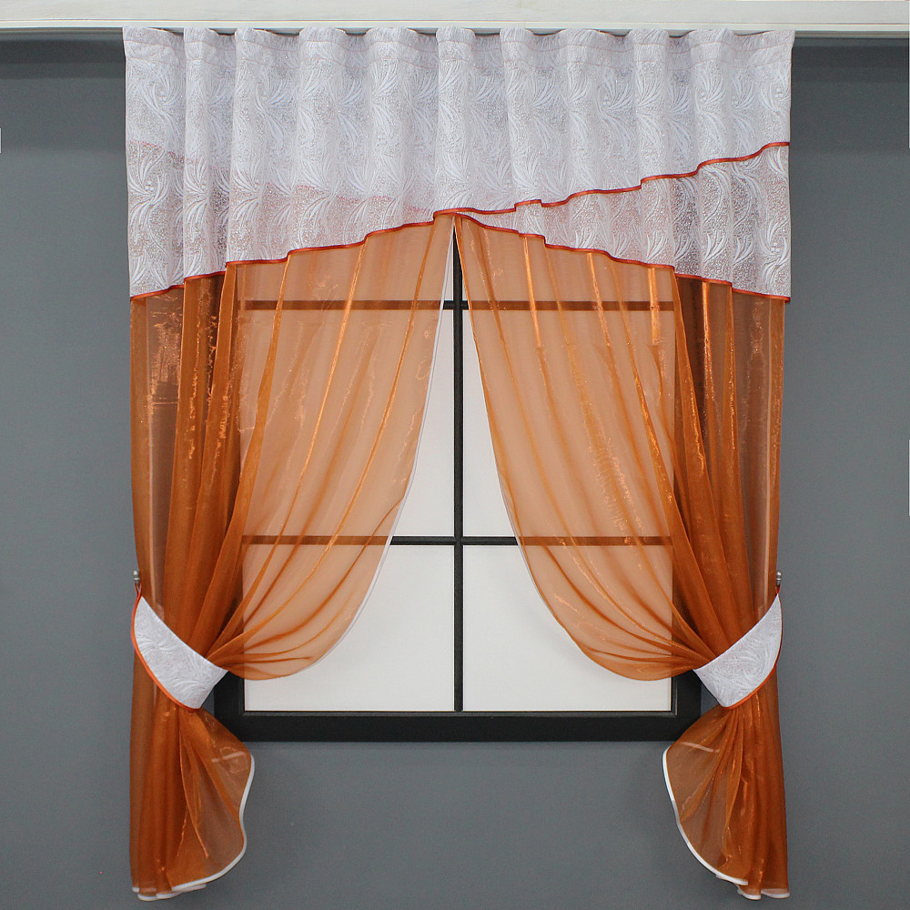 Кухонні штори VR-Textil № 091к з ламбрекеном і підв'язками теракотовий з білим 270х170 см (52-0802) Київ - фото 1