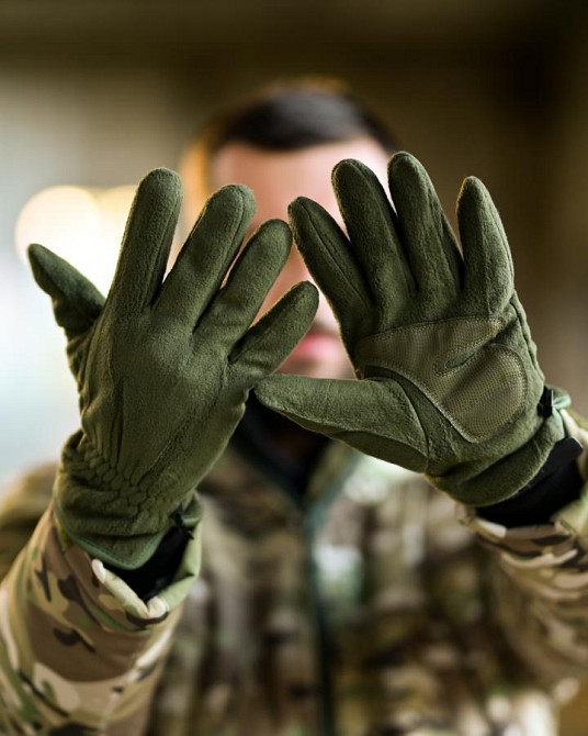 Утеплені замні флісові рукавички з хутром олива ПП8211 Одеса - фото 1