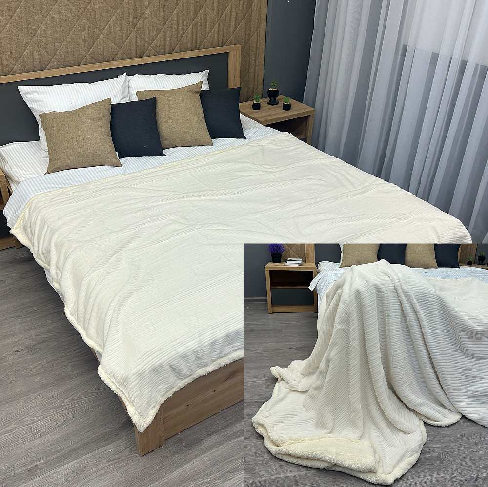 Плед двосторонній 155х200 см (+-5см) із штучною овчиною та хутром Молочний (87-082) Київ - фото 1