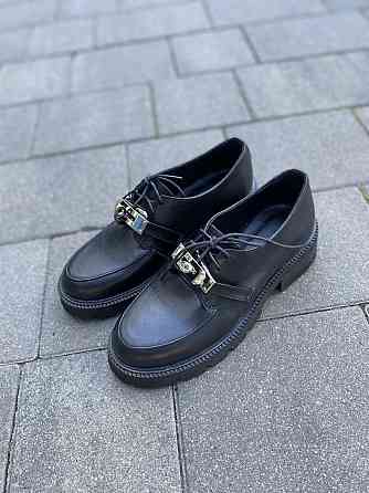 Nikos Туфлі жіночі на низькому ходу класичні з натуральної шкіри на шнурівці 2129 чорні весна-о Коломия