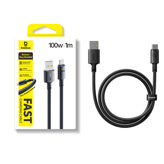 Кабель Baseus New Braided Fast Charging Cable USB-A to USB-C 100W/7.5W 1m Cosmic Black Одеса