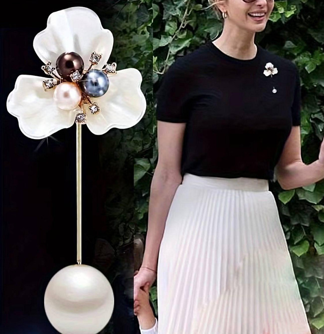 Брошка шпилька квітка з перлинами, декоративна брошка для сукні, піджака та пальто, жіноча брошка квітка з підвіскою Київ - фото 4