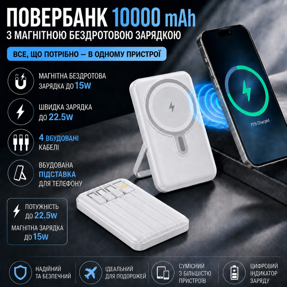 Повербанк беспроводной 10000 mAh с магнитной зарядкой 15W, быстрой зарядкой 22.5W, встроенными кабелями и подставкой White Каменец-Подольский - изображение 1