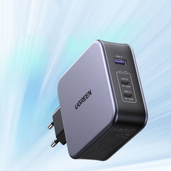 Зарядний пристрій 3xUSB 140W GaN (2хUSB-C+USB-A) CD289 with C to C Cable 1.5 м Gray Ugreen (90549) Київ - фото 7
