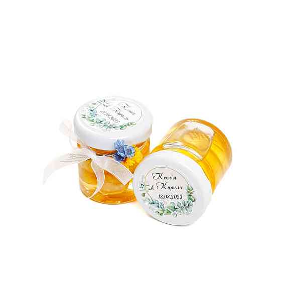 Бонбоньерка свадебная в патриотическом стиле с желто-голубым сухоцветом 50 г майский мед. Одесса
