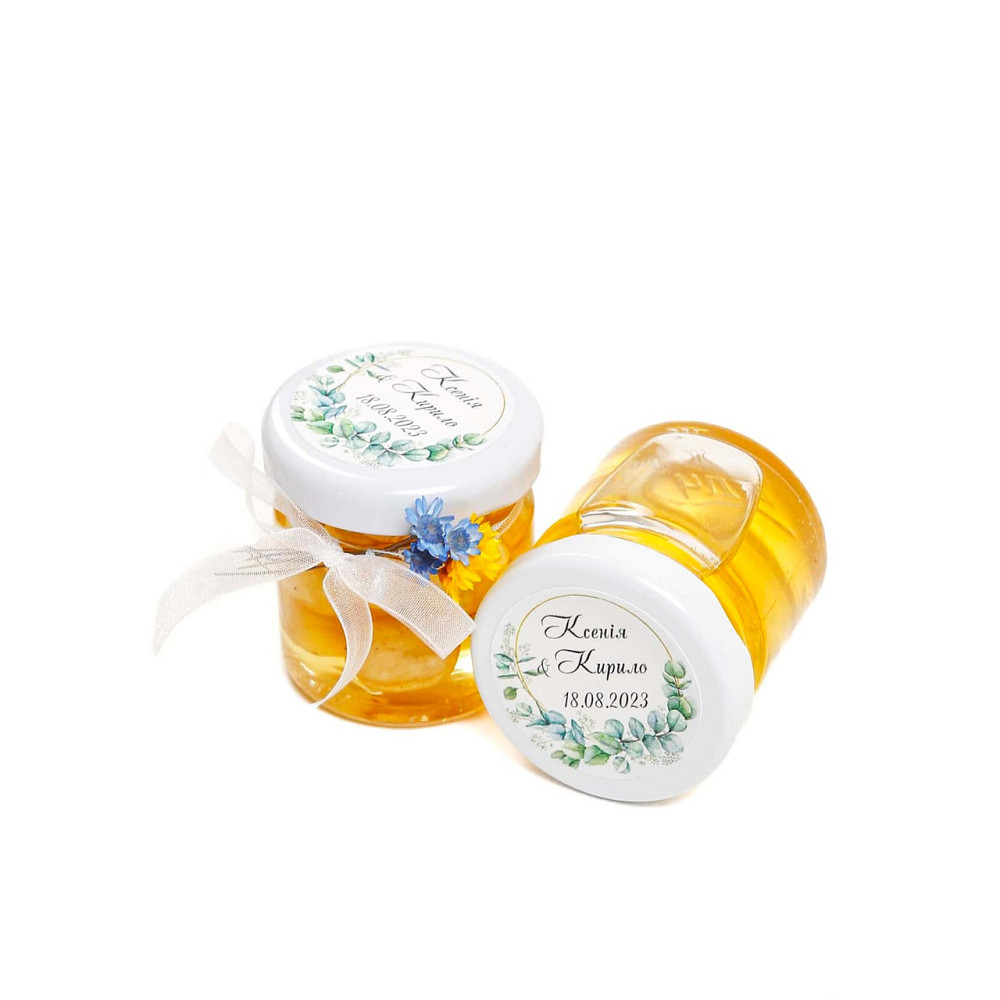 Бонбоньерка свадебная в патриотическом стиле с желто-голубым сухоцветом 50 г майский мед. Одесса - изображение 1