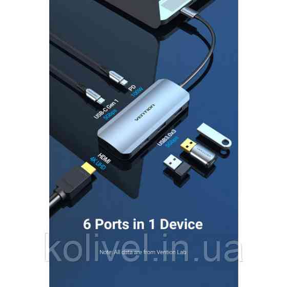Док-станція USB3.1 Type-C --> HDMI/USB-C Gen 1/USB 3.0x3/PD 100W Hub 6-in-1 Vention (TOFHB) Київ