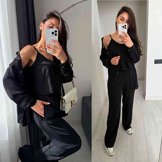 Женский базовый костюм тройка: рубашка майка и штаны креп жатка Черный, 42/44 Одесса