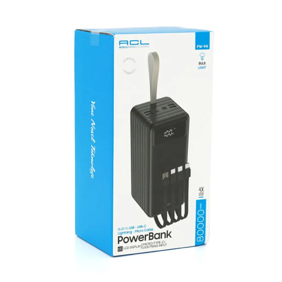 Универсальная зарядная батарея Power Bank ACL PW-94 80000mah + зарядные кабеля (Черный) Винница
