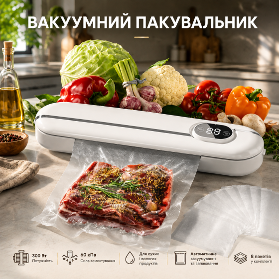 Вакуумный упаковщик TOYSFINITY 300 Вт, 60 кПа для сухих и влажных продуктов, автозапайка + 8 пакетов Киев