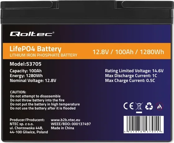 Акумулятор літій-залізо-фосфатний Qoltec LiFePO4 12.8V 100Ah (1280Wh) з BMS для інвертора ДБЖ котла Тернопіль