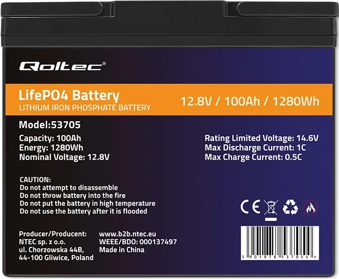 Акумулятор літій-залізо-фосфатний Qoltec LiFePO4 12.8V 100Ah (1280Wh) з BMS для інвертора ДБЖ котла Тернопіль - фото 3