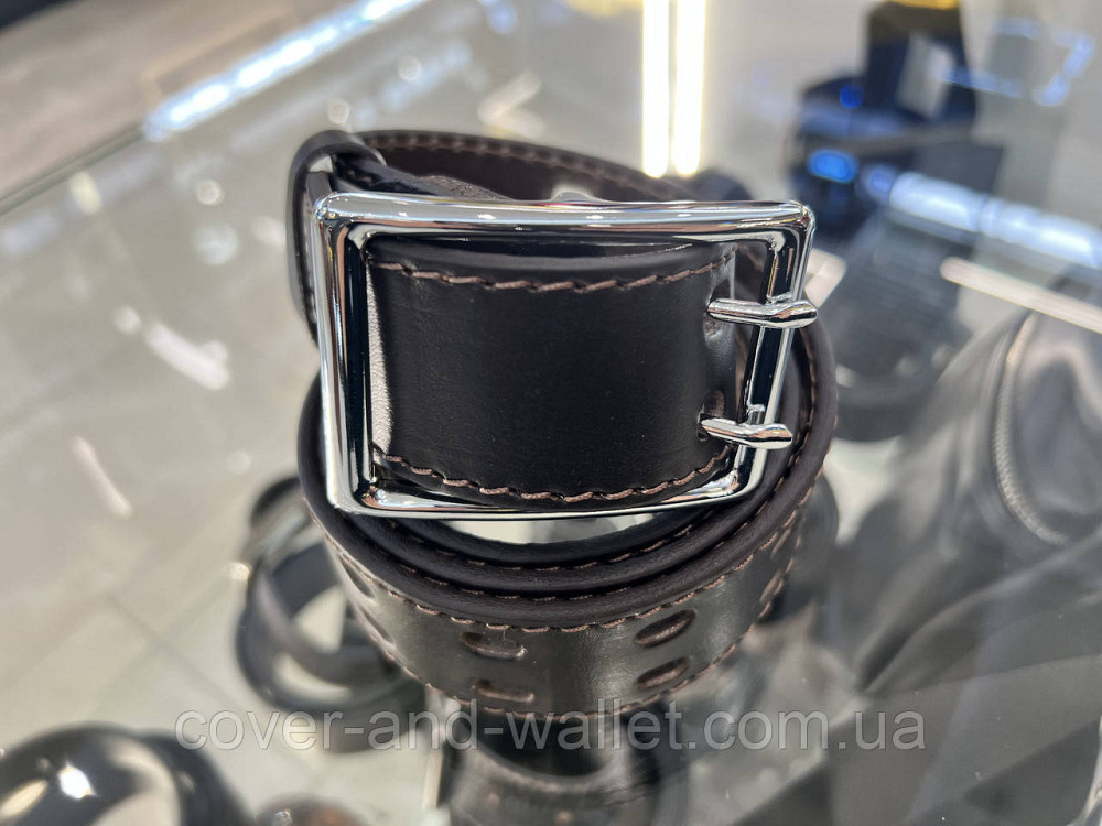 Коричневий чоловічий перфорований ремінь з пряжкою на дві спиці 40 мм PS Leather Київ - фото 5