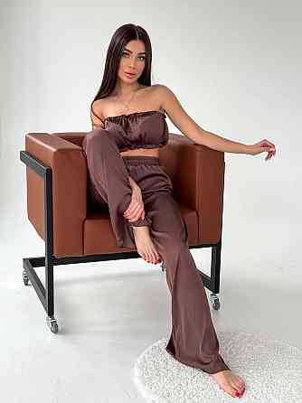 Женская пижама тройка: топ шорты и брюки из шелка армани Шоколад, 42/44 Одесса