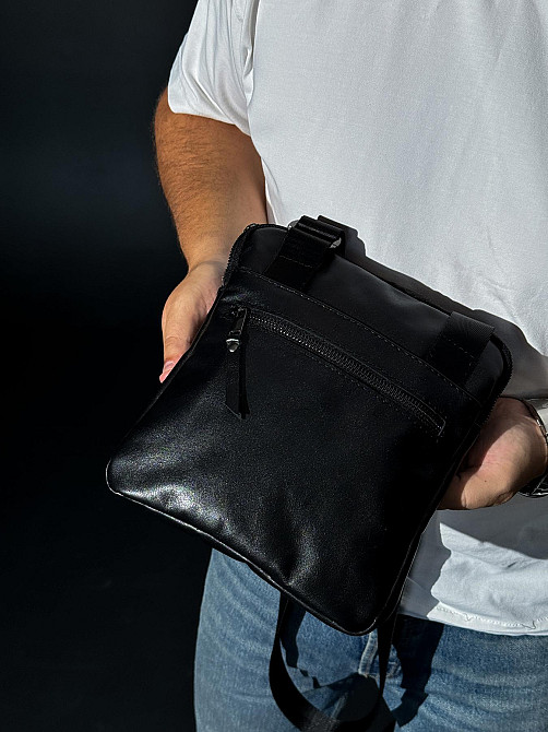 Сумка-мессенджер из натуральной гладкой кожи, сумка через плечо мужская SKILL (Черная) Сумы - изображение 4