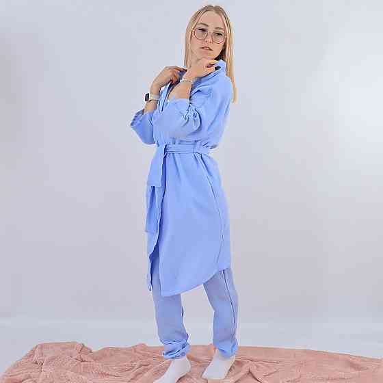 Бавовняна блакитна жіноча піжама три в одному майка з квіточками + штани +халат 44/46 Кам'янець-Подільський