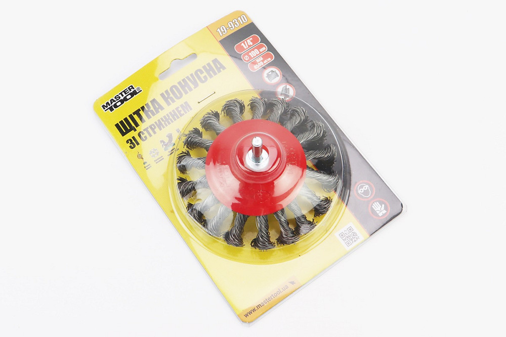 Щітка конусна зі стрижнем 1/4" D-100мм з плетеного дроту 19-9310 Київ - фото 2