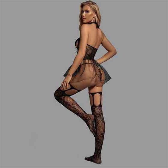 Карколомний комплект: сукня, панчохи, стринги, чокер XS-S — Еротична білизна Вінниця