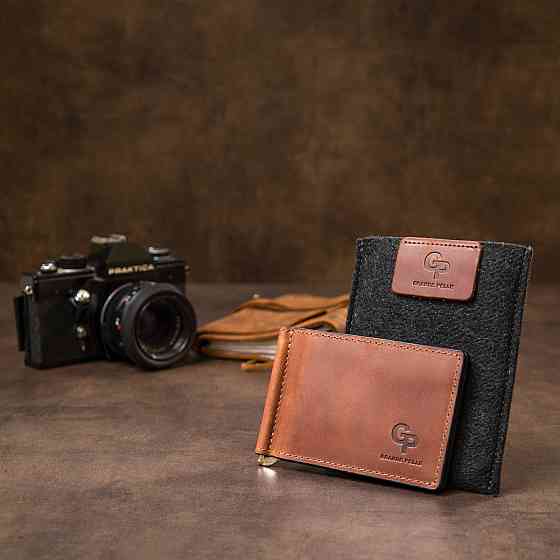 Чоловічий шкіряний вінтажний затиск GRANDE PELLE 11477 Коричневий Київ