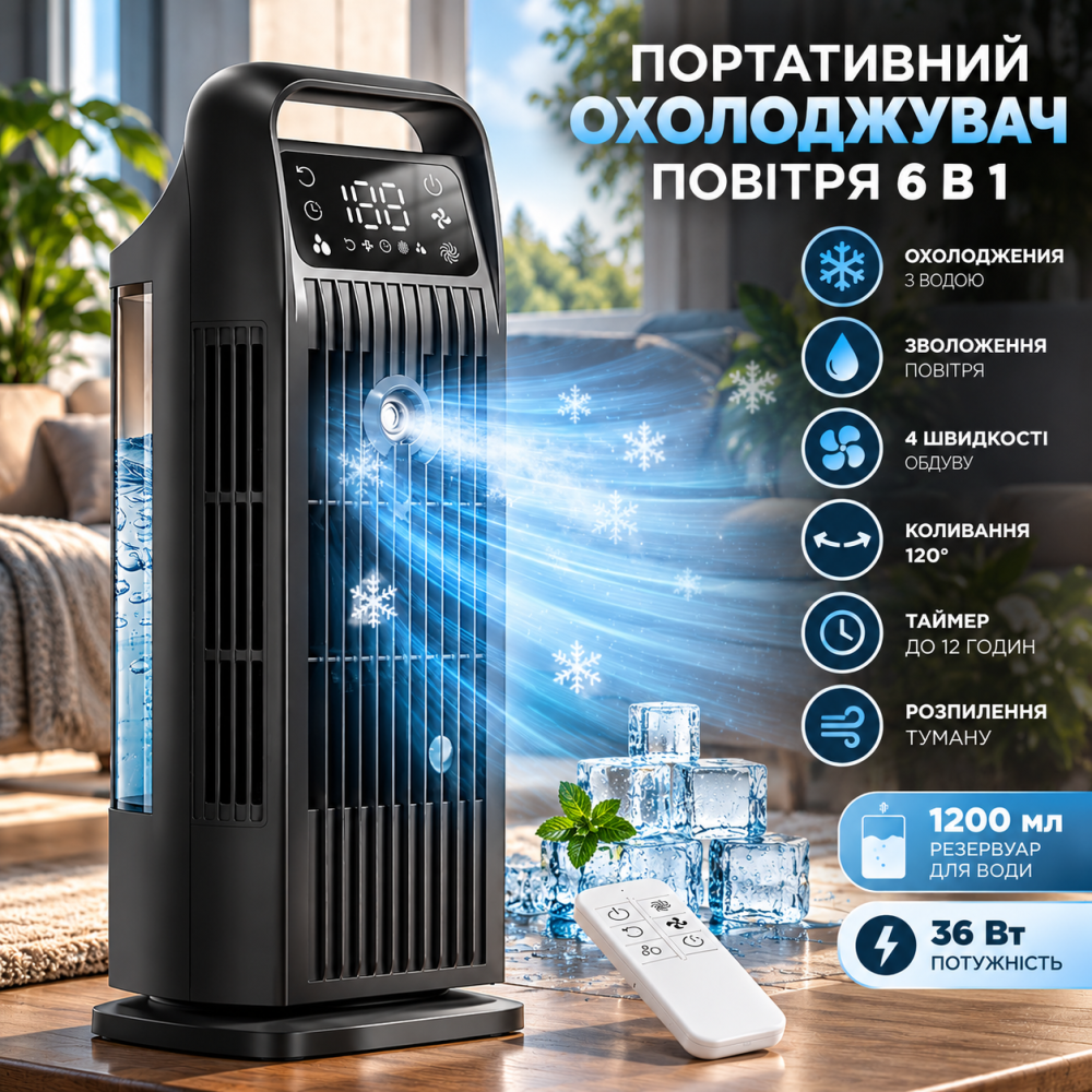 Портативний охолоджувач повітря 6 в 1, 1200 мл, чорний, пульт, розпилення туману, 4 швидкості, таймер 12 годин Київ - фото 1