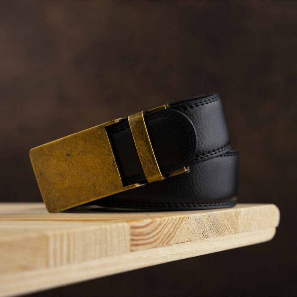 Ремень мужской c латунной прямоугольной пряжкой Черный (Vintage) Киев - изображение 2
