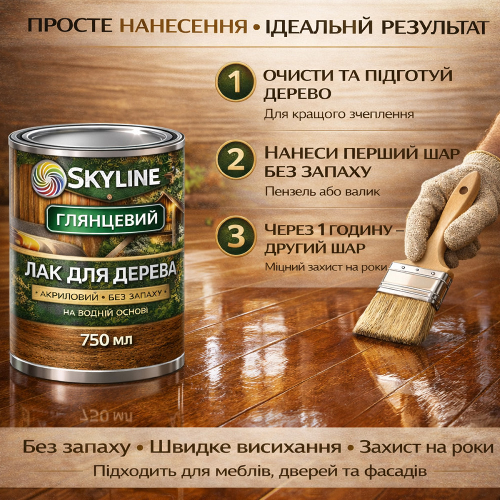 Лак для дерева Skyline глянцевий акриловий прозорий без запаху для внутрішніх та зовнішніх робіт 750 мл Харків - фото 7