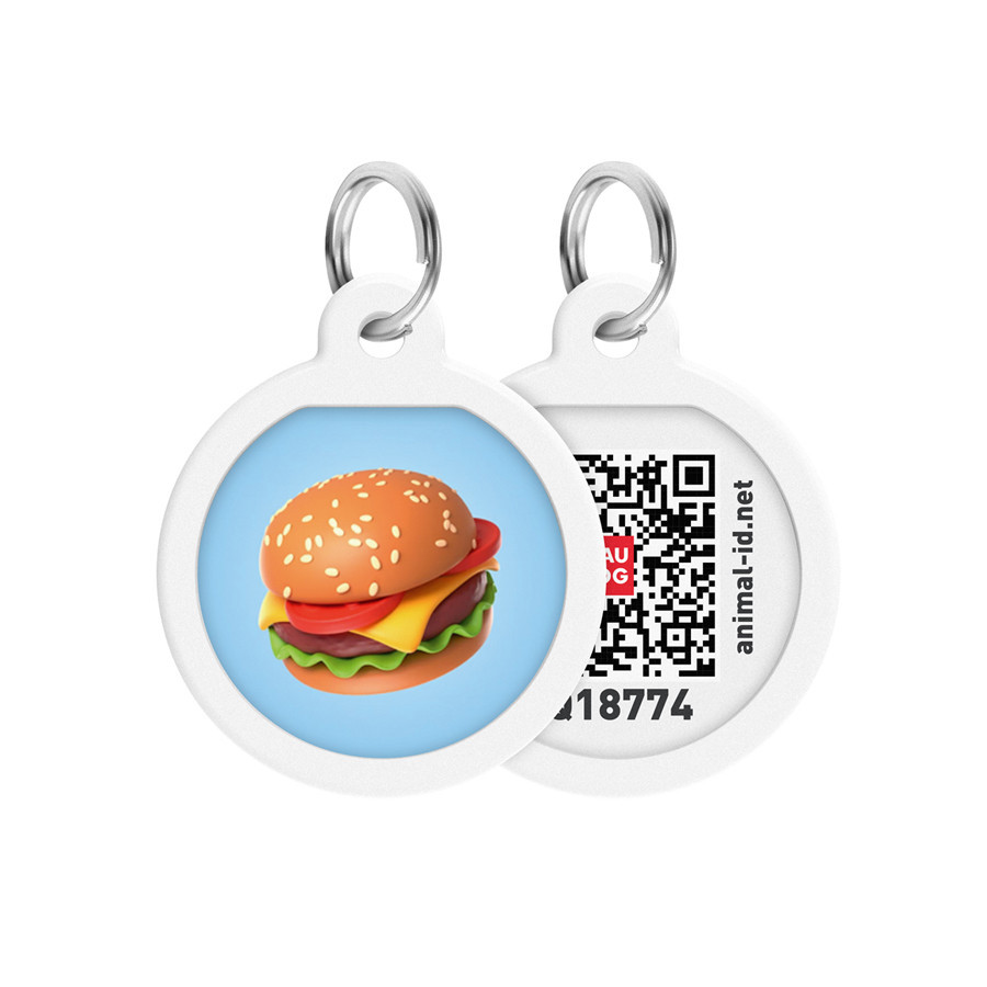 Адресник для собак і котів металевий WAUDOG Smart ID з QR паспортом, малюнок "Гамбургер", коло, Д 25 мм Київ - фото 1