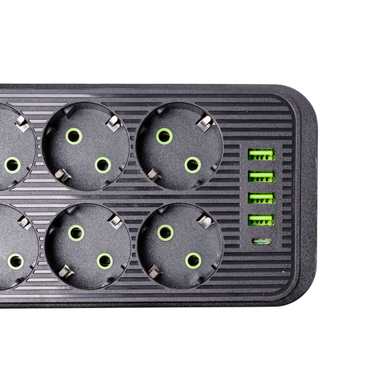 Сетевой фильтр 3 м удлинитель F06U на 6 розеток 4 USB 1 Type-C и кнопкой отключения Черный HP-5-24 Киев