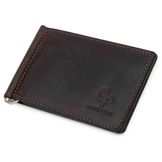 Шкіряний чоловічий затиск для грошей Коричневий (GRANDE PELLE) Київ