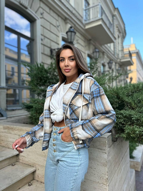 Жіноча кофта в клітинку на блискавці з капюшоном котон Блакитний, 42/44 Одеса - фото 3