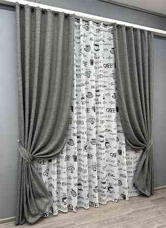 Комплект штор VR-Textil Льон Мішковина 200х270 2шт і Тюль 600х270 108ш-1791т Сірий з білим 71-061/7 Київ