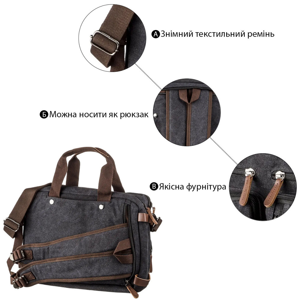 Сумка-трансофрмер текстильная Vintage 20144 Черная Киев - изображение 5