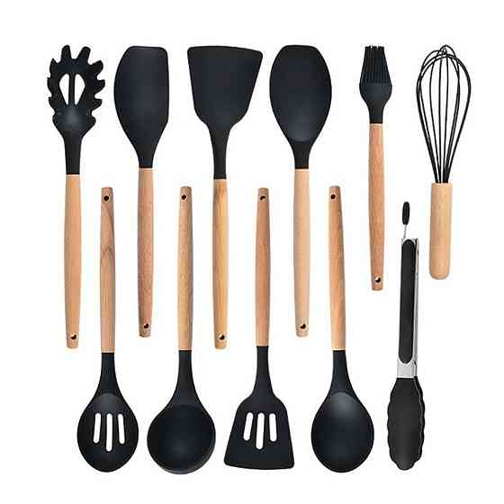 Набор кухонных принадлежностей 12 предметов, Kitchen Set, из силикона + подставка, Черный / Кухонный комплект Киев