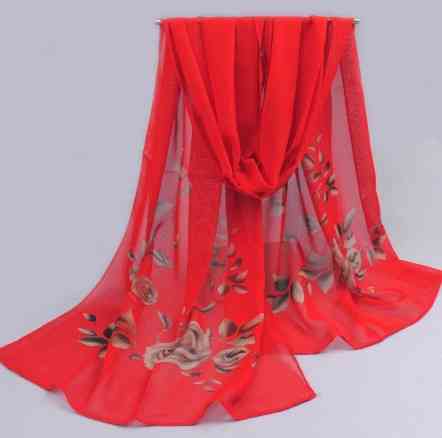 Женский красный шарф с коричневыми розами - размер шарфа приблизительно 148*47см, шифон Киев