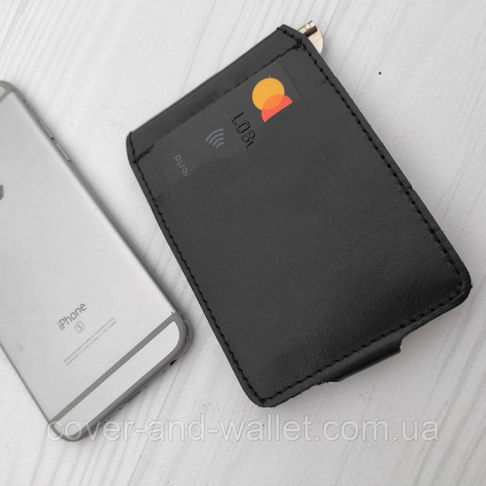 Затискач для грошей на кнопці із вінтажної шкіри чорного кольору Puos Київ - фото 9