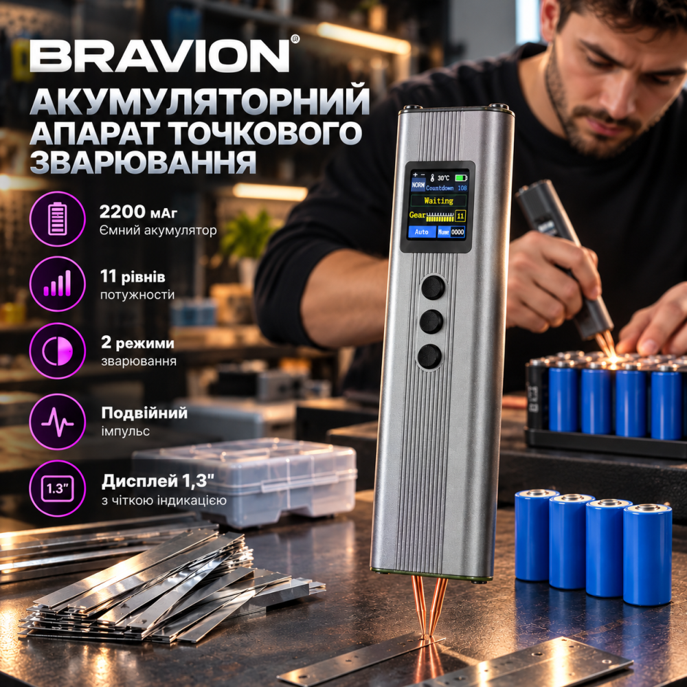 Акумуляторний апарат точкового зварювання 2200 мАг, 11 рівнів потужності, 2 режими, подвійний імпульс, дисплей 1,3 Київ - фото 1