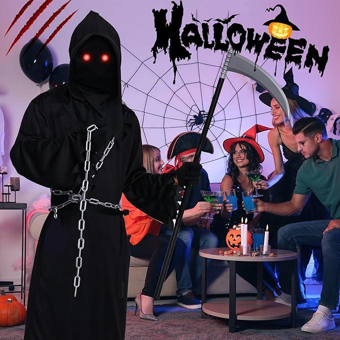 Моторошний дорослий костюм Жнеця Смерті з LED-окулярами, косою, маскою та аксесуарами на Гелловін, карнавал Київ - фото 10