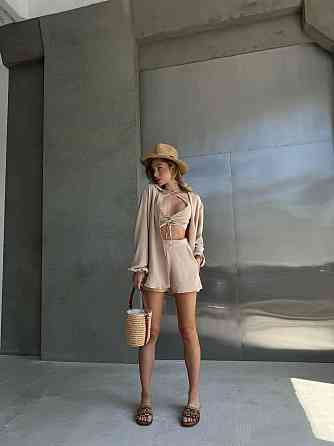 Женский летний костюм тройка: рубашка топ и шорты креп жатка Одесса